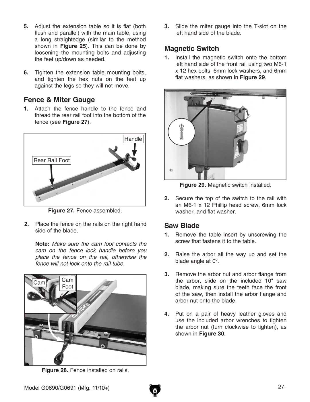 Grizzly G0690, G0691 owner manual Fence & Miter Gauge, Magnetic Switch, Saw Blade 