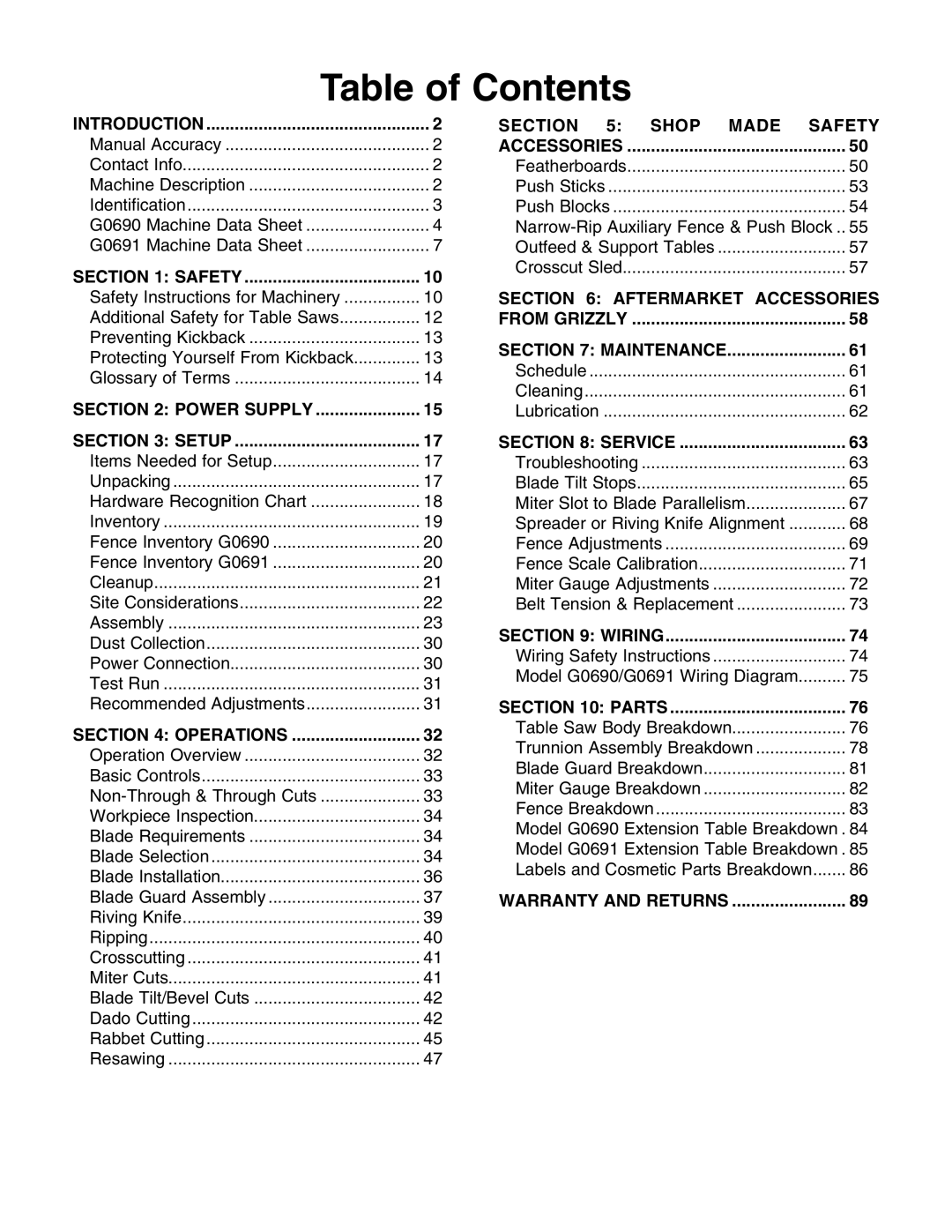 Grizzly G0690, G0691 owner manual Table of Contents 