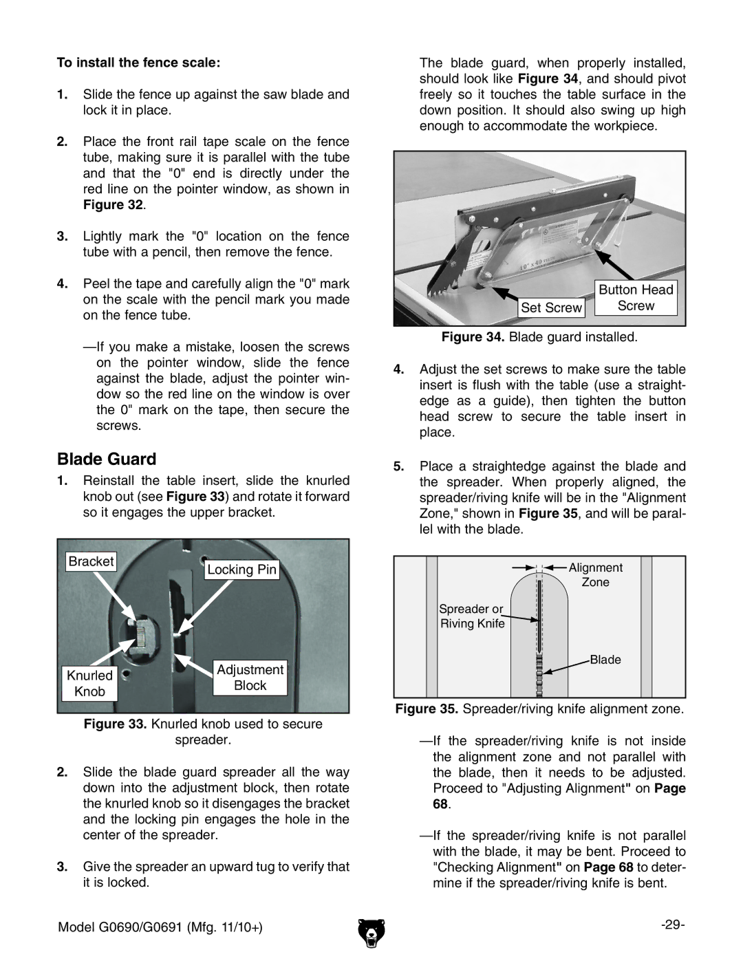 Grizzly G0690, G0691 owner manual Blade Guard, To install the fence scale 