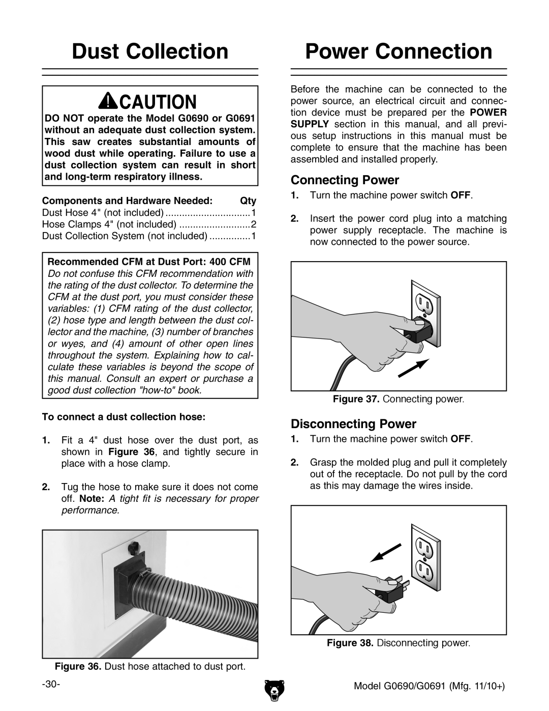 Grizzly G0691 Dust Collection, Power Connection, Connecting Power, Disconnecting Power, To connect a dust collection hose 