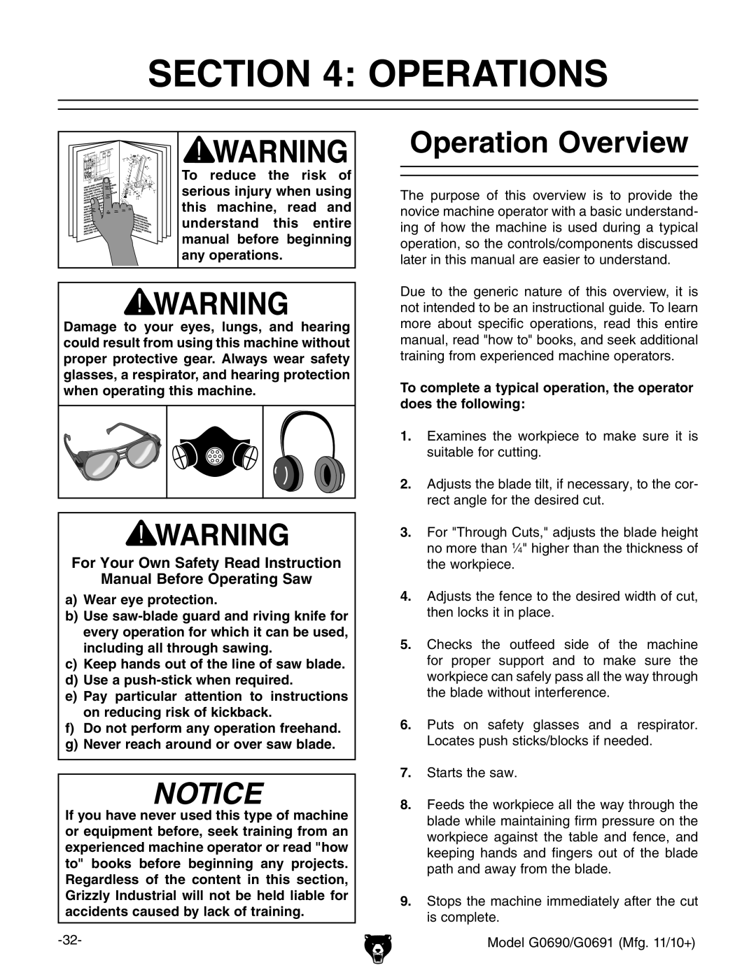 Grizzly G0691, G0690 owner manual Operations, Operation Overview 