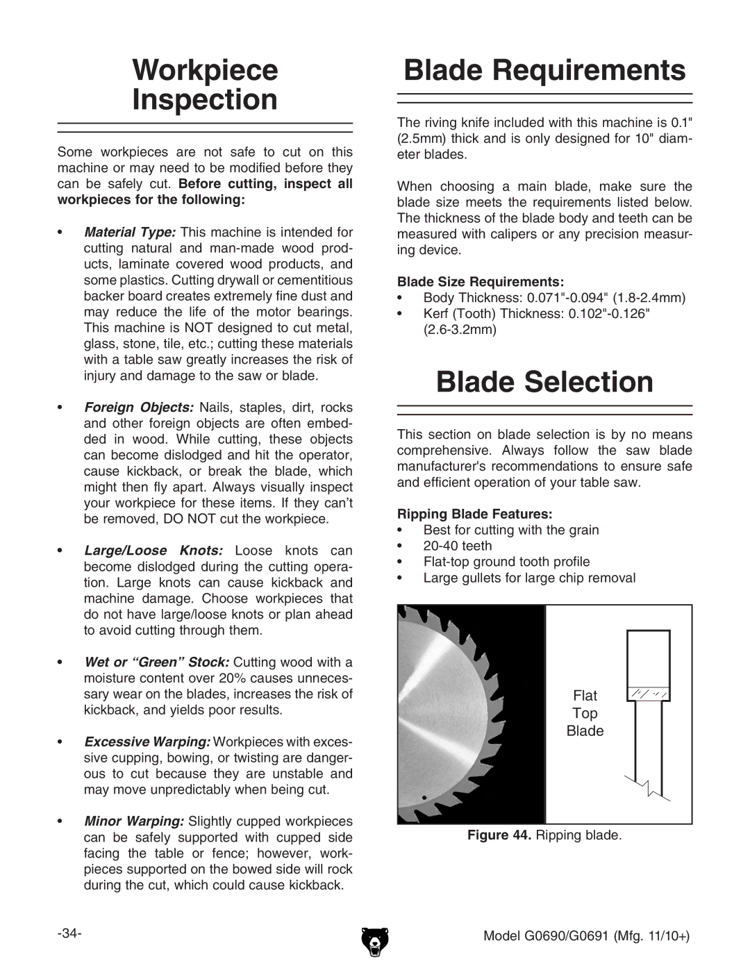 Grizzly G0691 Workpiece Inspection, Blade Requirements, Blade Selection, Blade Size Requirements, Ripping Blade Features 