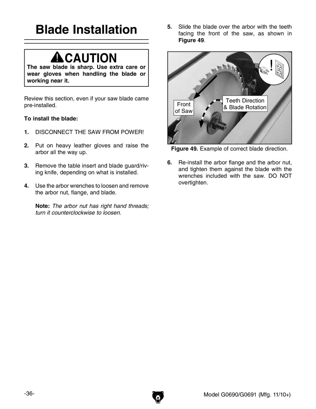 Grizzly G0691, G0690 owner manual Blade Installation, To install the blade 