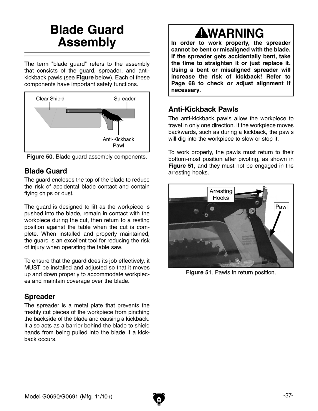 Grizzly G0690, G0691 owner manual Blade Guard Assembly, Spreader, Anti-Kickback Pawls 