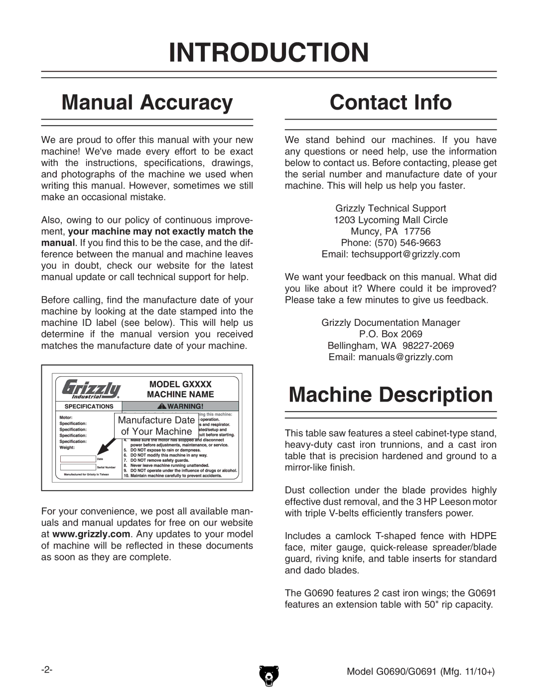 Grizzly G0691, G0690 owner manual Introduction, Manual Accuracy Contact Info, Machine Description, NdjgBVXcZ 