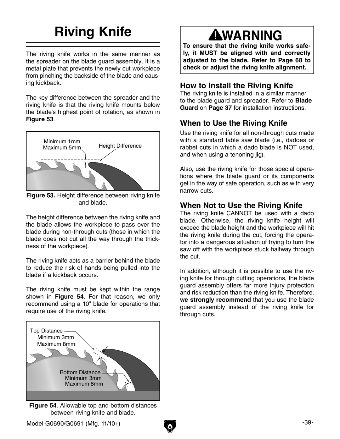 Grizzly G0690, G0691 How to Install the Riving Knife, When to Use the Riving Knife, When Not to Use the Riving Knife 