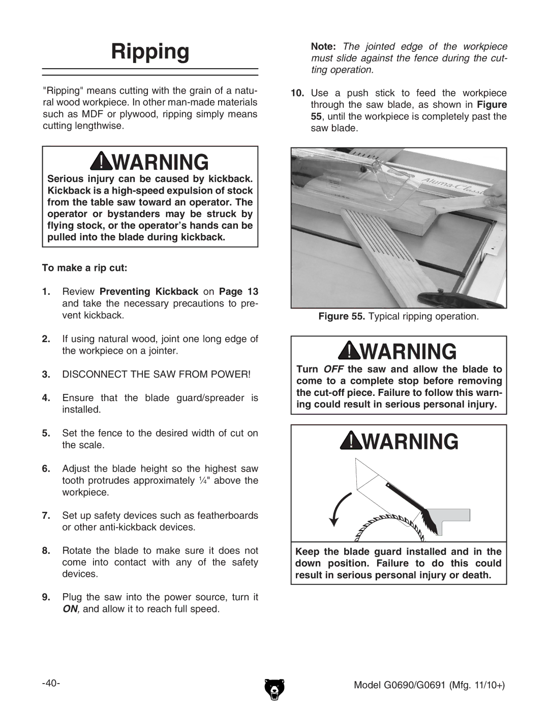 Grizzly G0691, G0690 owner manual Ripping, Typical ripping operation 