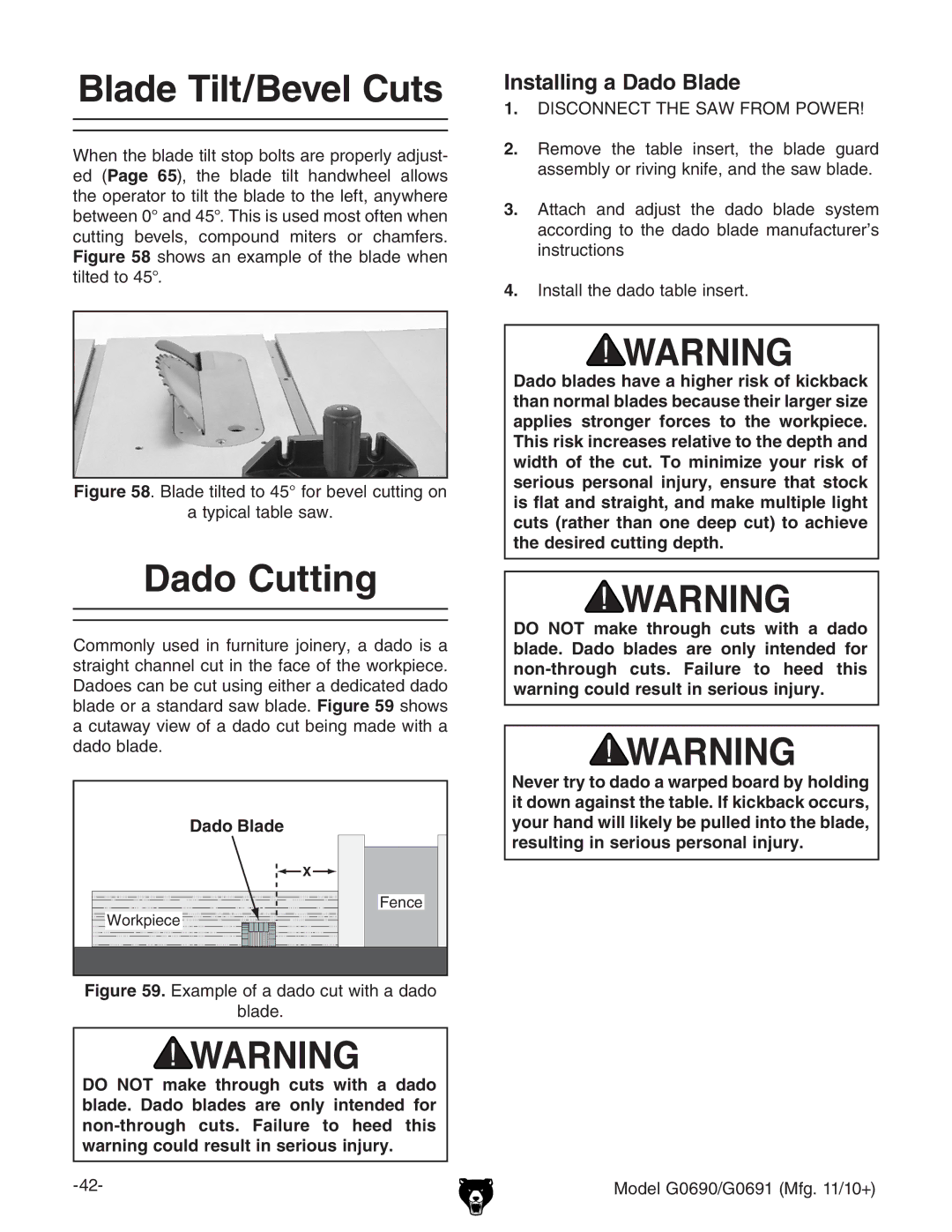 Grizzly G0691, G0690 owner manual Blade Tilt/Bevel Cuts, Dado Cutting, Installing a Dado Blade 