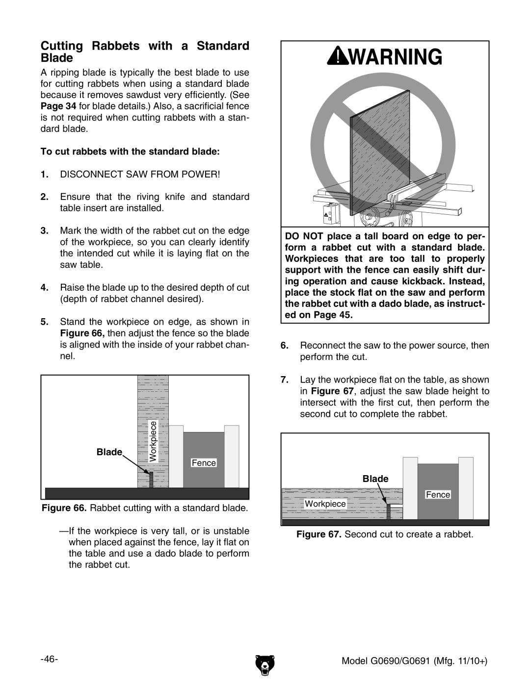 Grizzly G0691, G0690 owner manual Cutting Rabbets with a Standard Blade, To cut rabbets with the standard blade 