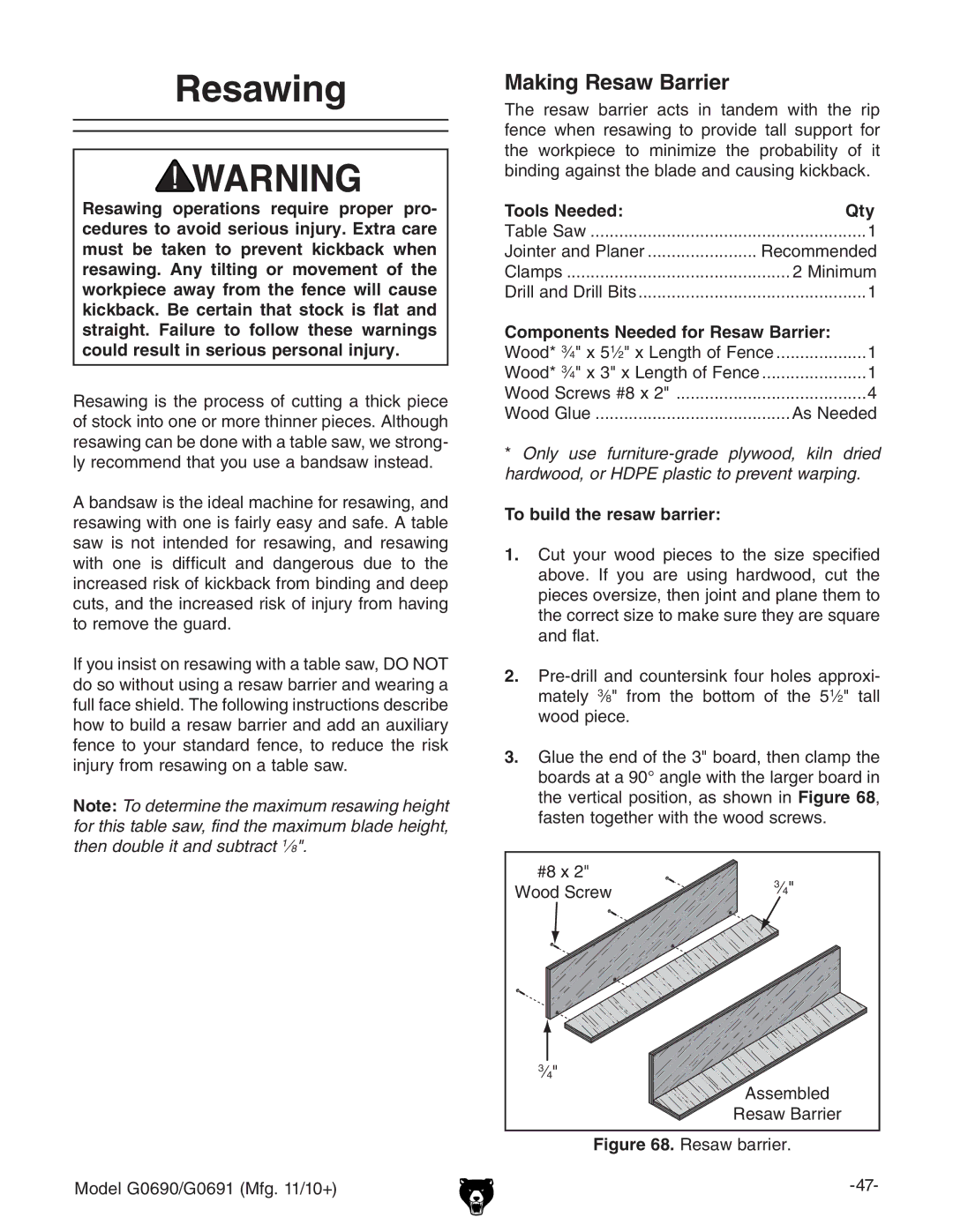 Grizzly G0690, G0691 owner manual Resawing, Making Resaw Barrier, Tools Needed Qty, Components Needed for Resaw Barrier 