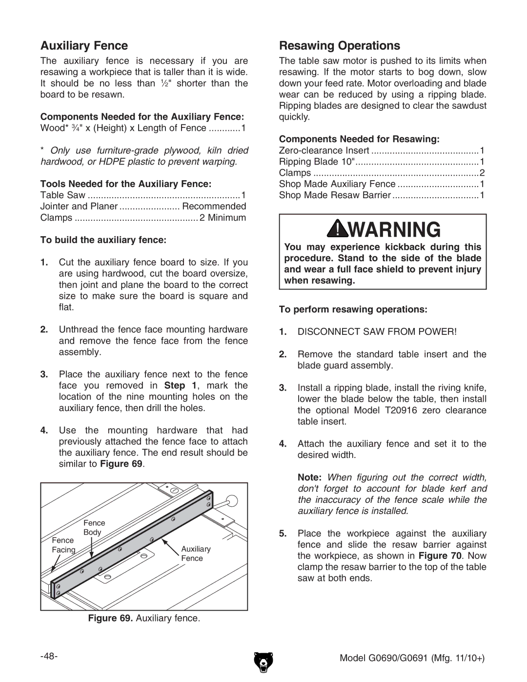 Grizzly G0691, G0690 owner manual Auxiliary Fence, Resawing Operations 