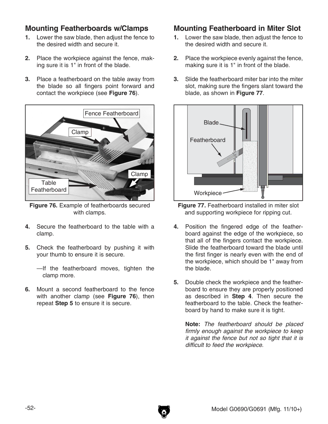 Grizzly G0691, G0690 owner manual Mounting Featherboards w/Clamps, Mounting Featherboard in Miter Slot 