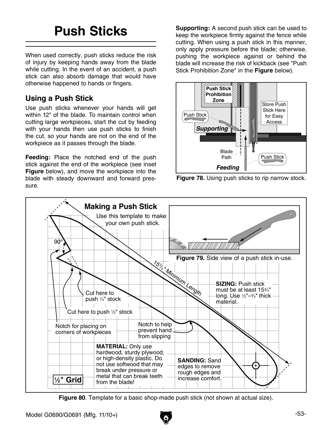 Grizzly G0690, G0691 owner manual Push Sticks, Using a Push Stick, Making a Push Stick, ⁄ 2 Grid 