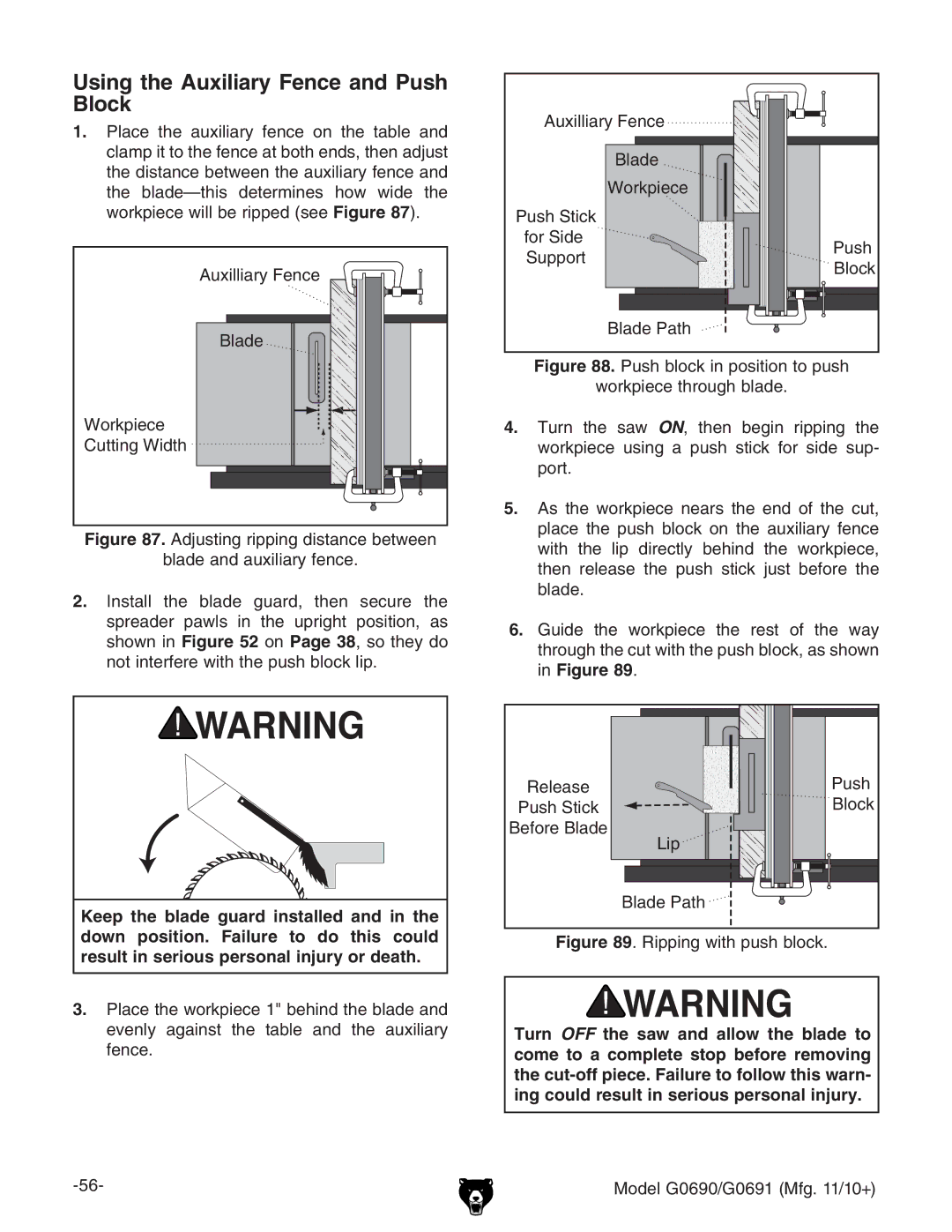 Grizzly G0691, G0690 owner manual Using the Auxiliary Fence and Push Block, Keep the blade guard installed 