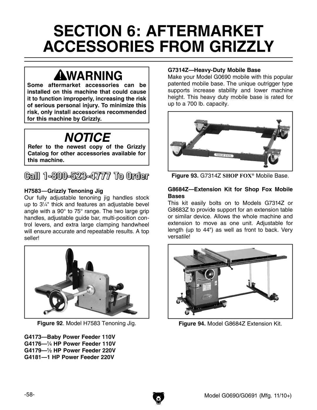 Grizzly G0691, G0690 owner manual Aftermarket Accessories from Grizzly, G7314Z-Heavy-Duty Mobile Base 