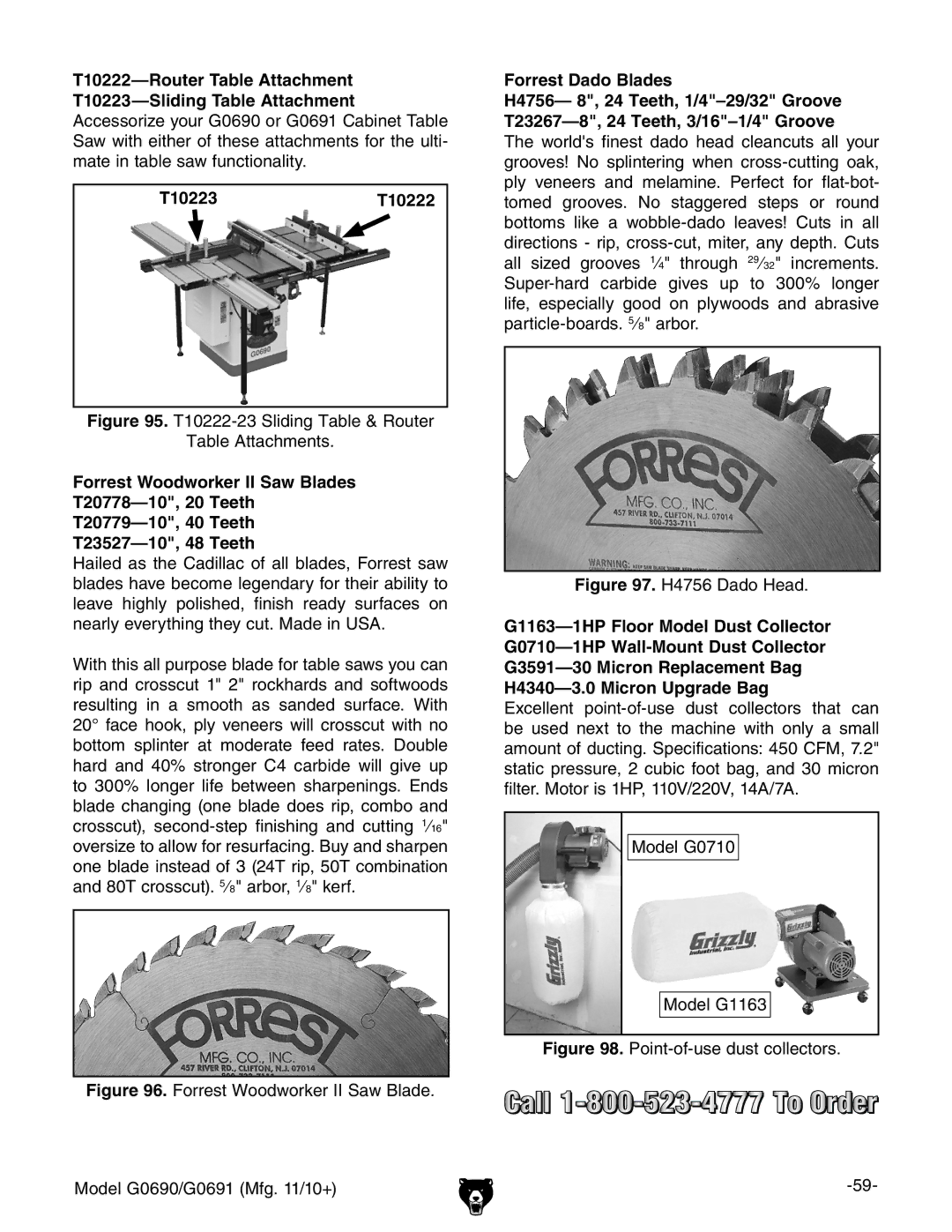 Grizzly G0690, G0691 owner manual T10222-Router Table Attachment, T10223T10222, Forrest Dado Blades 