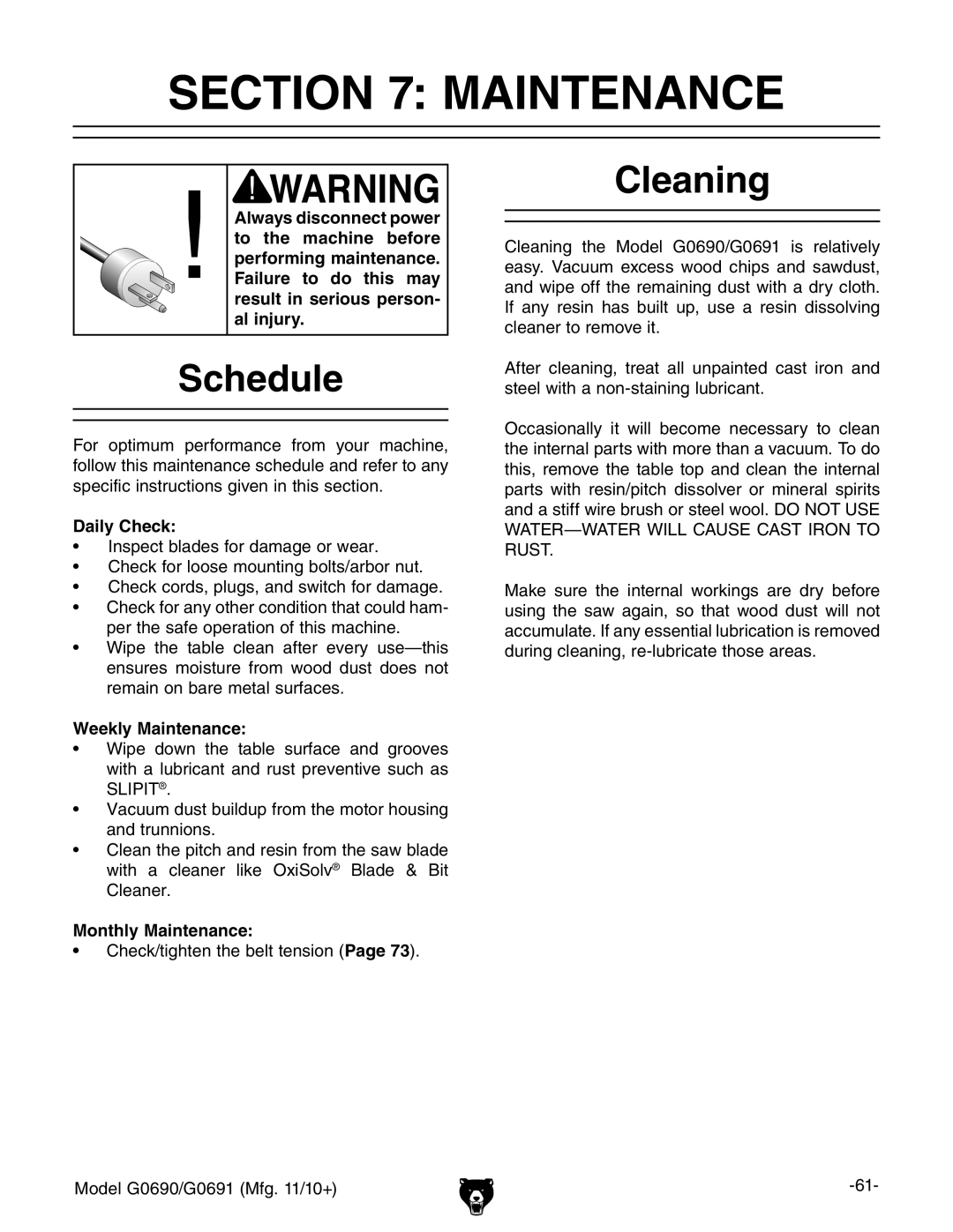 Grizzly G0690, G0691 owner manual Maintenance, Schedule, Cleaning 