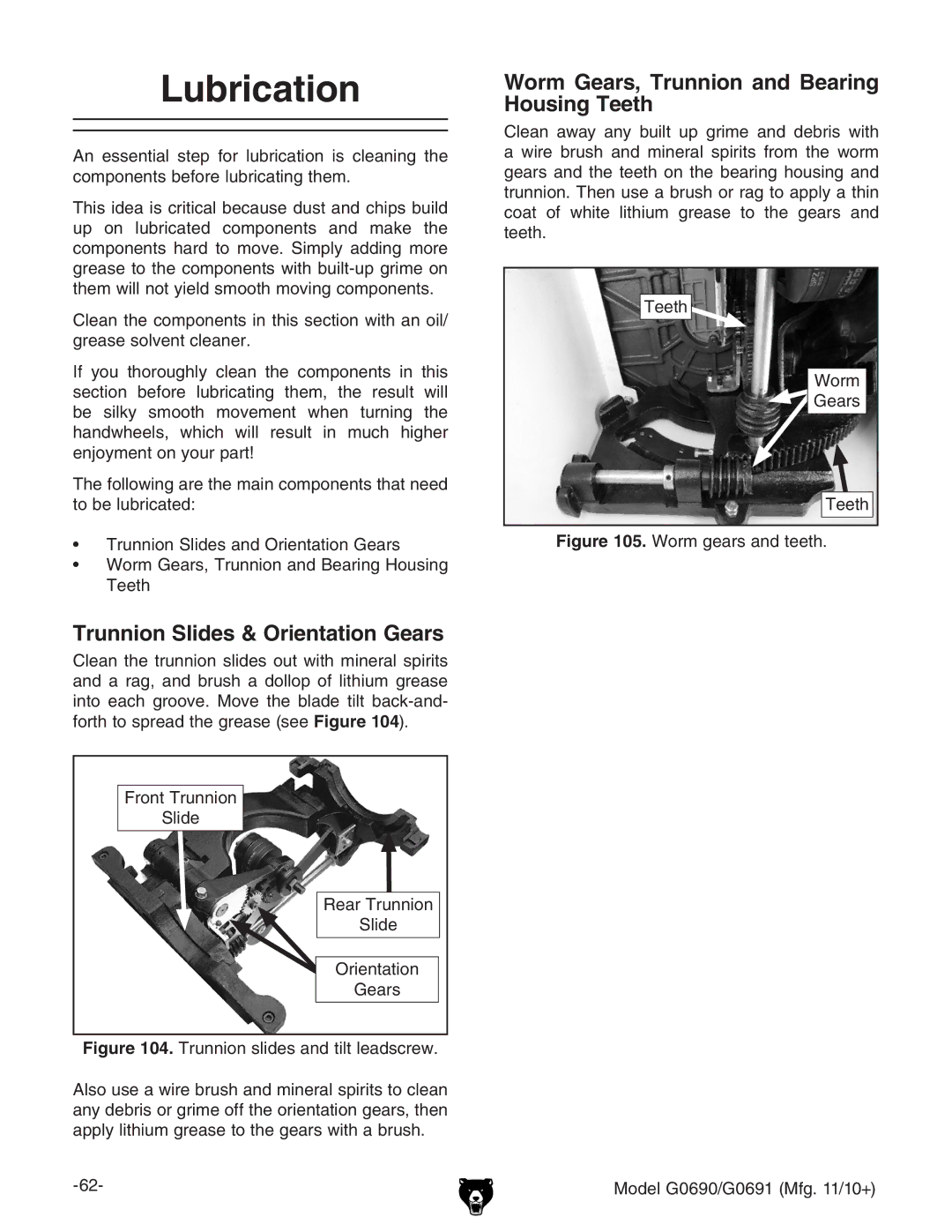 Grizzly G0691, G0690 owner manual Lubrication, Worm Gears, Trunnion and Bearing Housing Teeth 