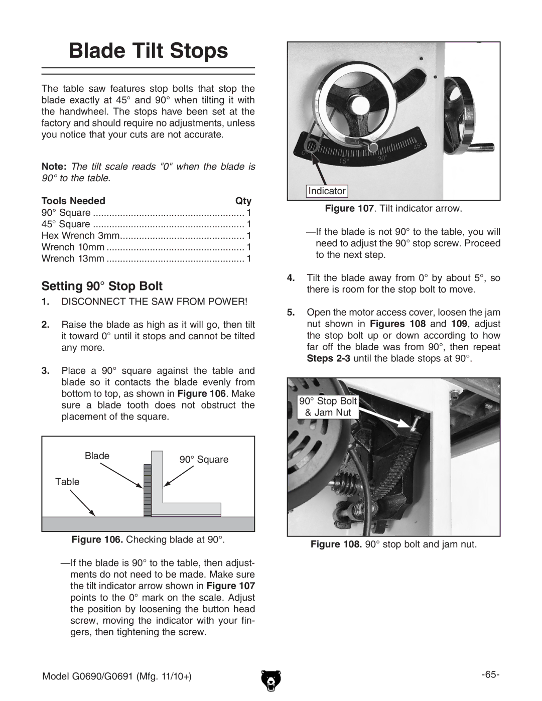 Grizzly G0690, G0691 owner manual Blade Tilt Stops, Setting 90 Stop Bolt 