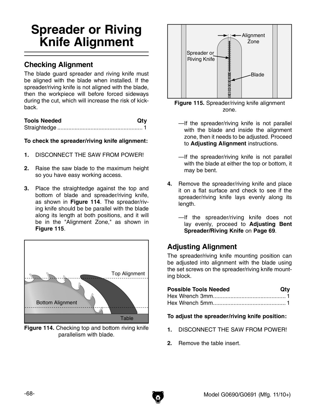 Grizzly G0691, G0690 owner manual Spreader or Riving Knife Alignment, Checking Alignment, Adjusting Alignment 