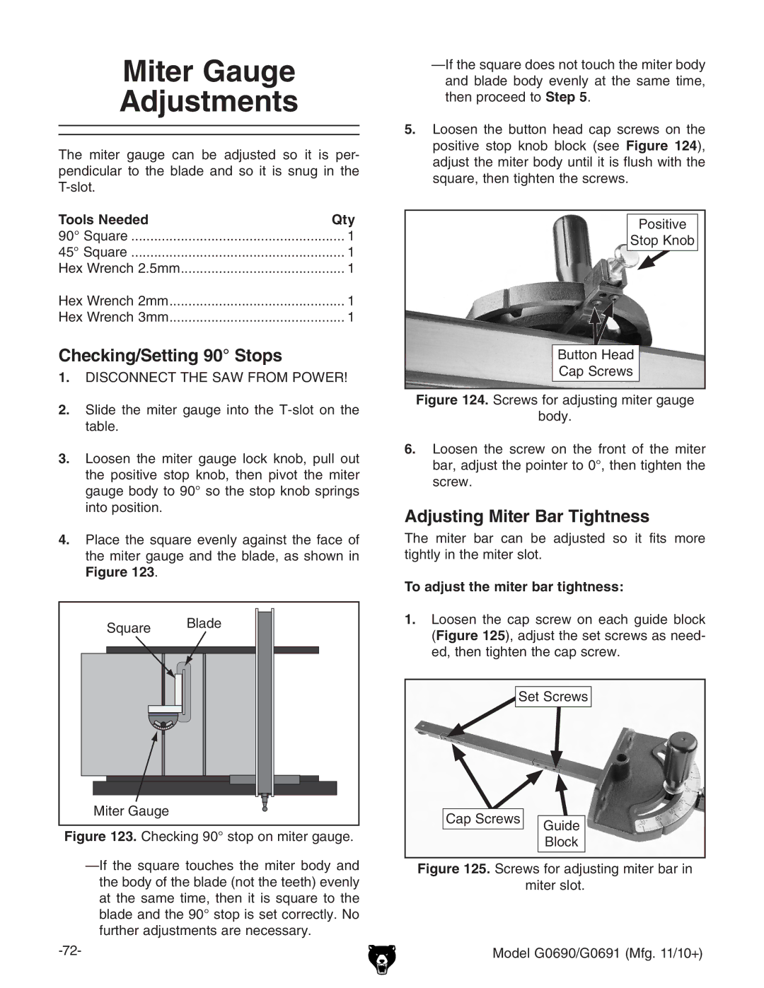 Grizzly G0691, G0690 Miter Gauge Adjustments, Checking/Setting 90 Stops, Adjusting Miter Bar Tightness, BiZgVj\Z 