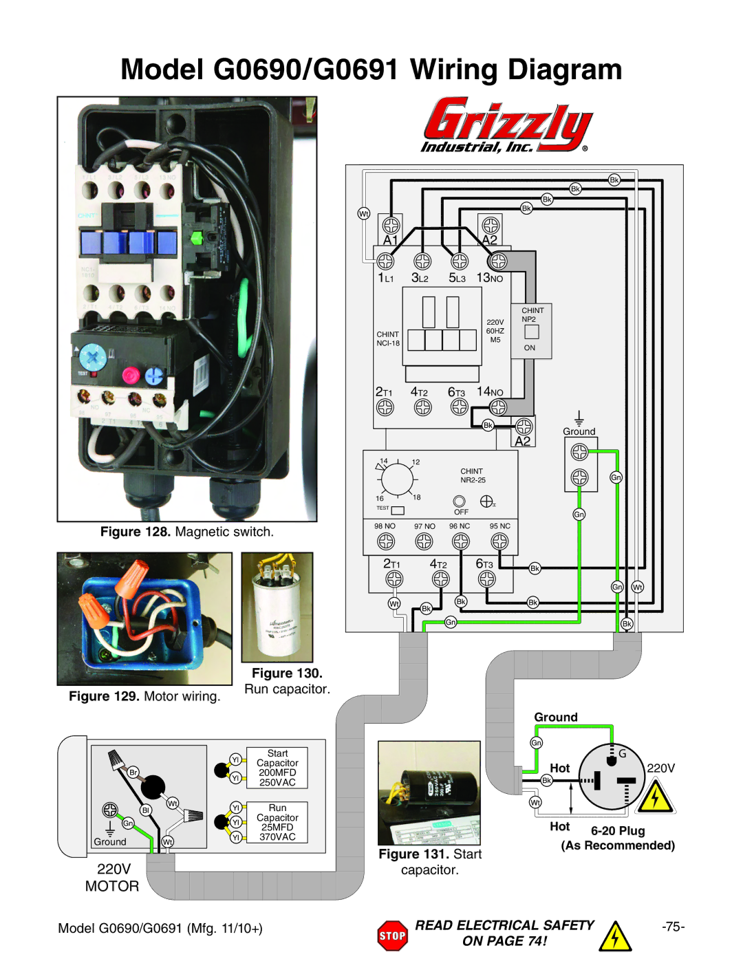 Grizzly owner manual Model G0690/G0691 Wiring Diagram, Magnetic switch, Start, Capacitor 