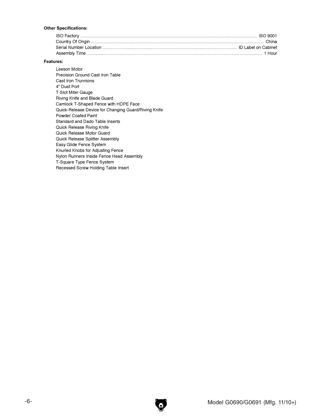 Grizzly G0691, G0690 owner manual Other Specifications 