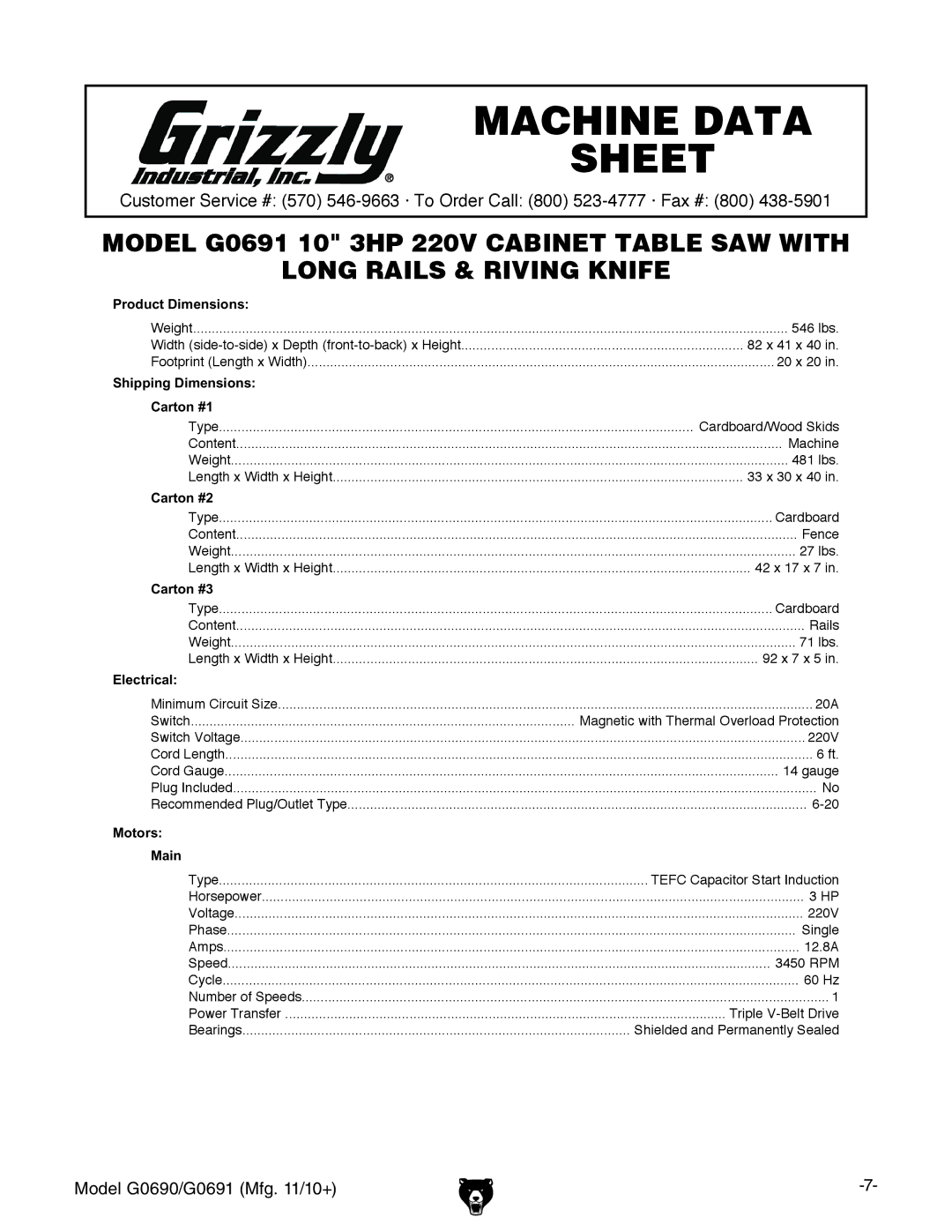 Grizzly G0690, G0691 owner manual 546 lbs 