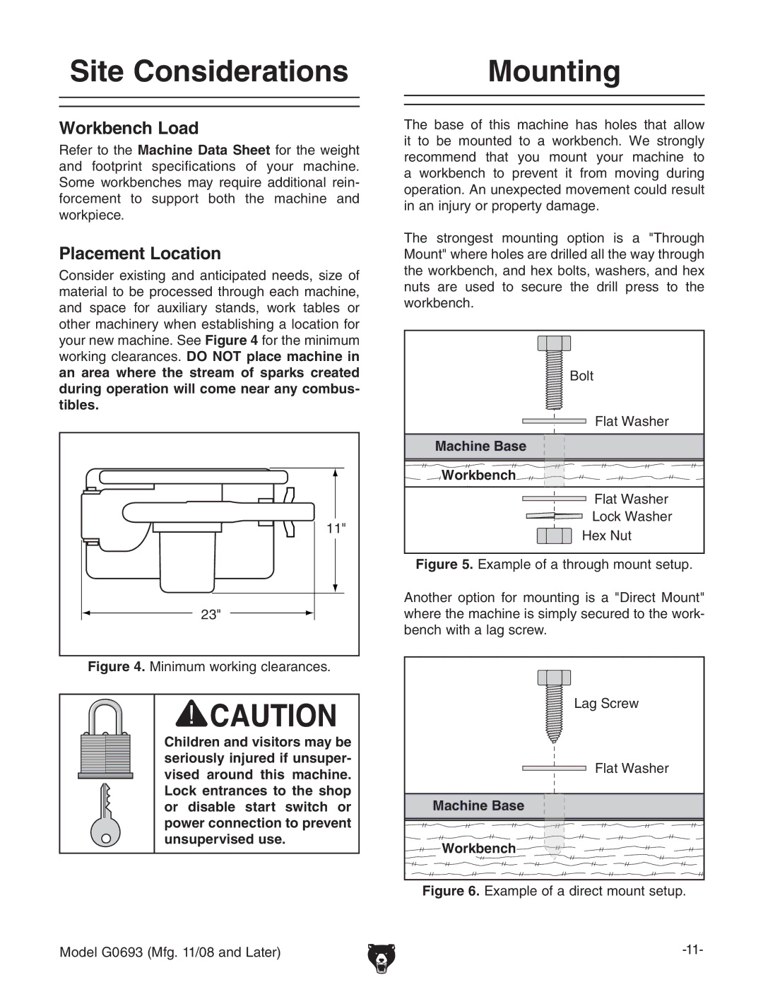 Grizzly G0693 owner manual Site Considerations, Mounting, Achinehase 7O Rkbench, Achinehase 7ORKBENCH 