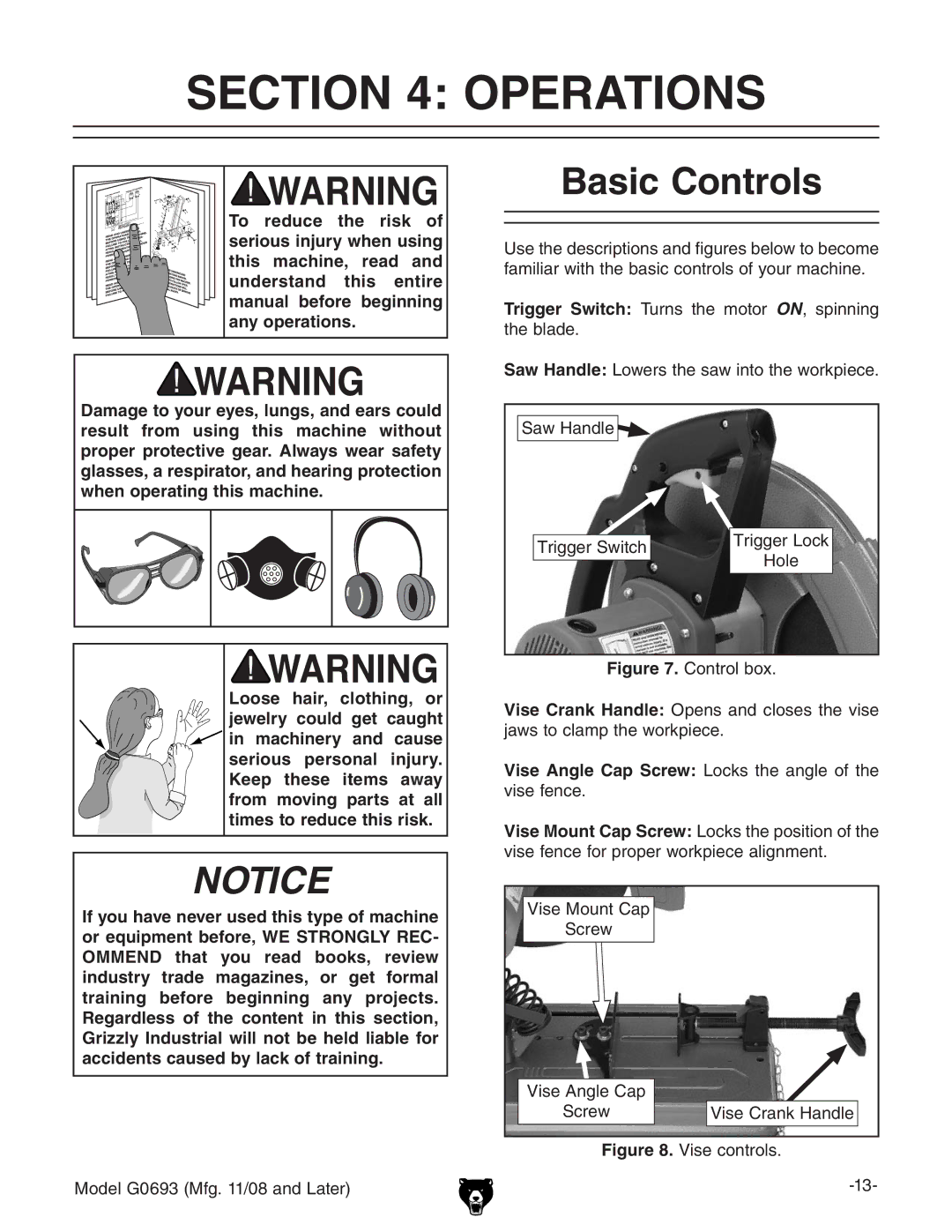 Grizzly G0693 owner manual Operations, Basic Controls 