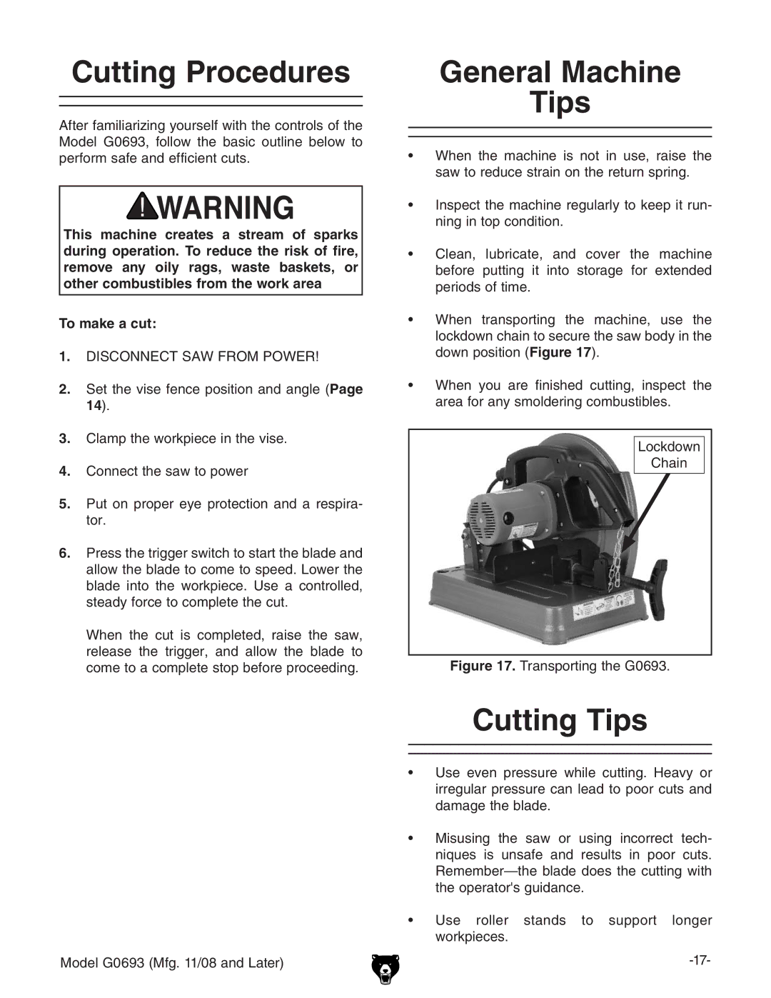 Grizzly G0693 owner manual Cutting Procedures, General Machine Tips, Cutting Tips, 14#, Ldg`eZXZh# 