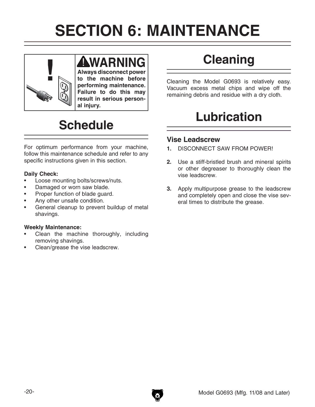 Grizzly G0693 owner manual Maintenance, Schedule, Cleaning, Lubrication 