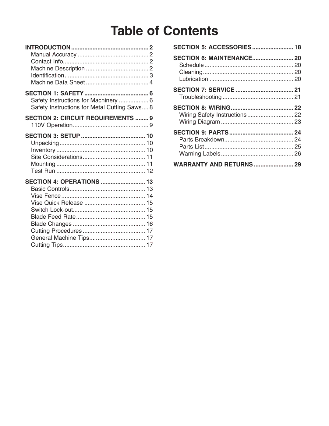 Grizzly G0693 owner manual Table of Contents 