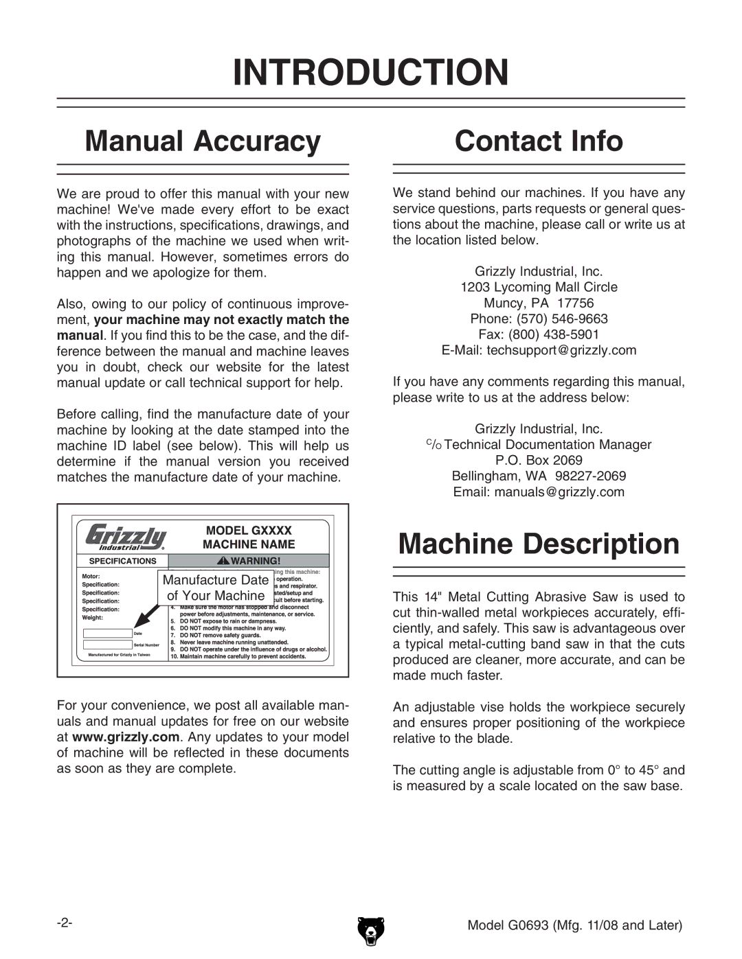 Grizzly G0693 owner manual Introduction, Manual Accuracy, Contact Info, Machine Description, NdjgBVXcZ 