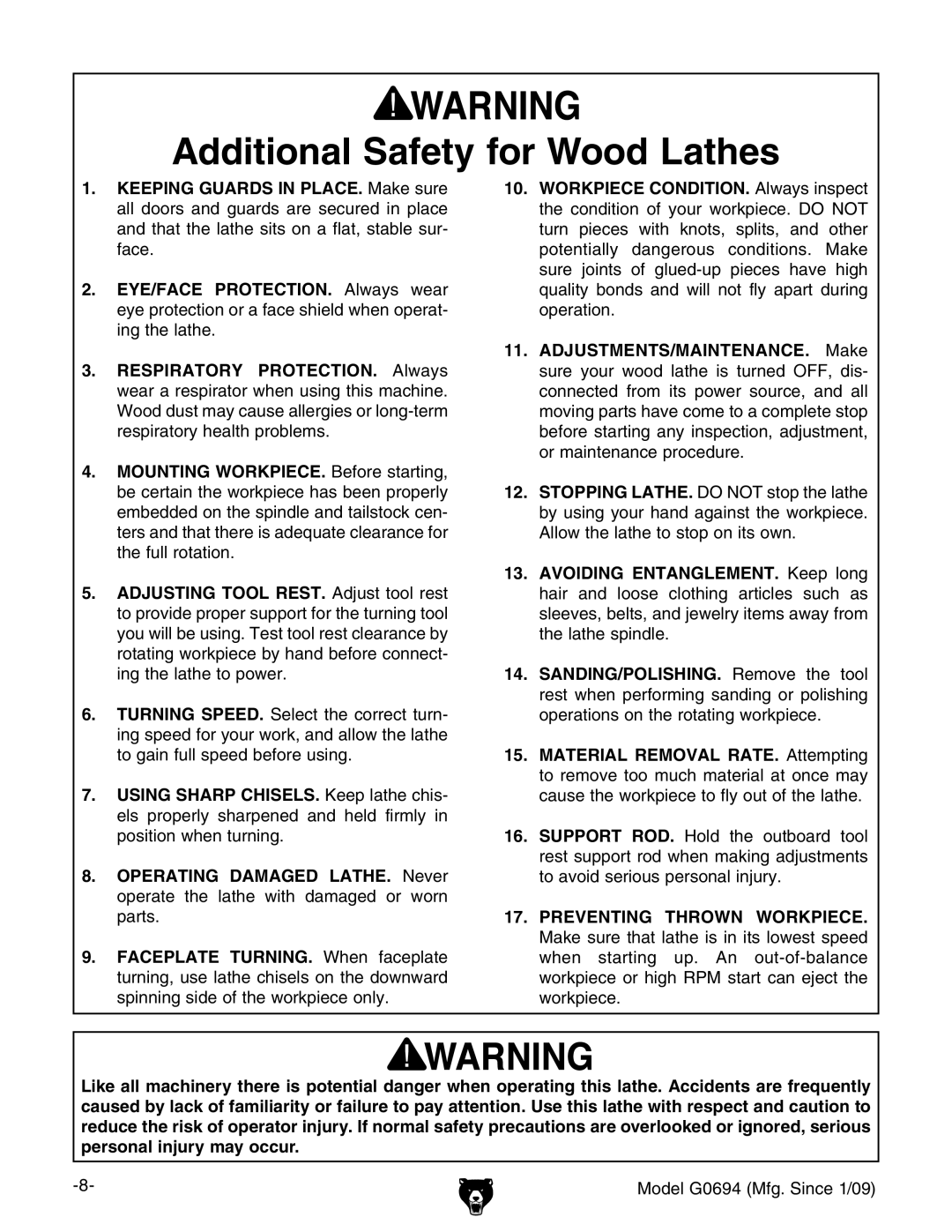 Grizzly G0694 owner manual Additional Safety for Wood Lathes, Preventing Thrown Workpiece 