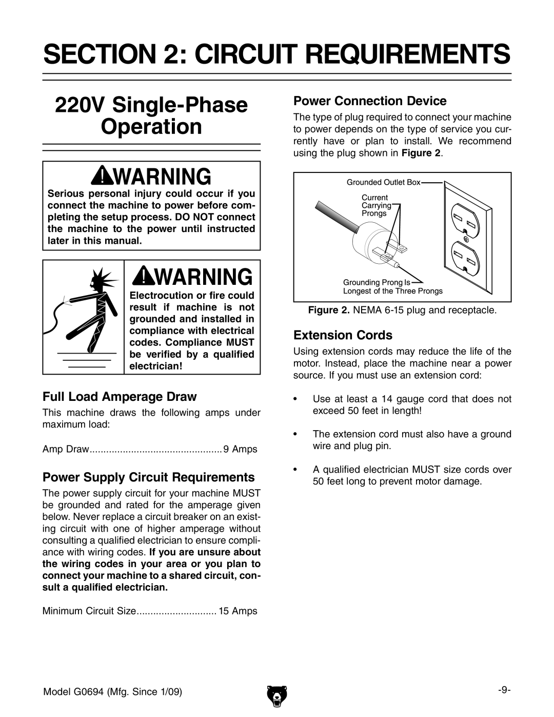 Grizzly G0694 owner manual Circuit Requirements, 220V Single-Phase Operation 