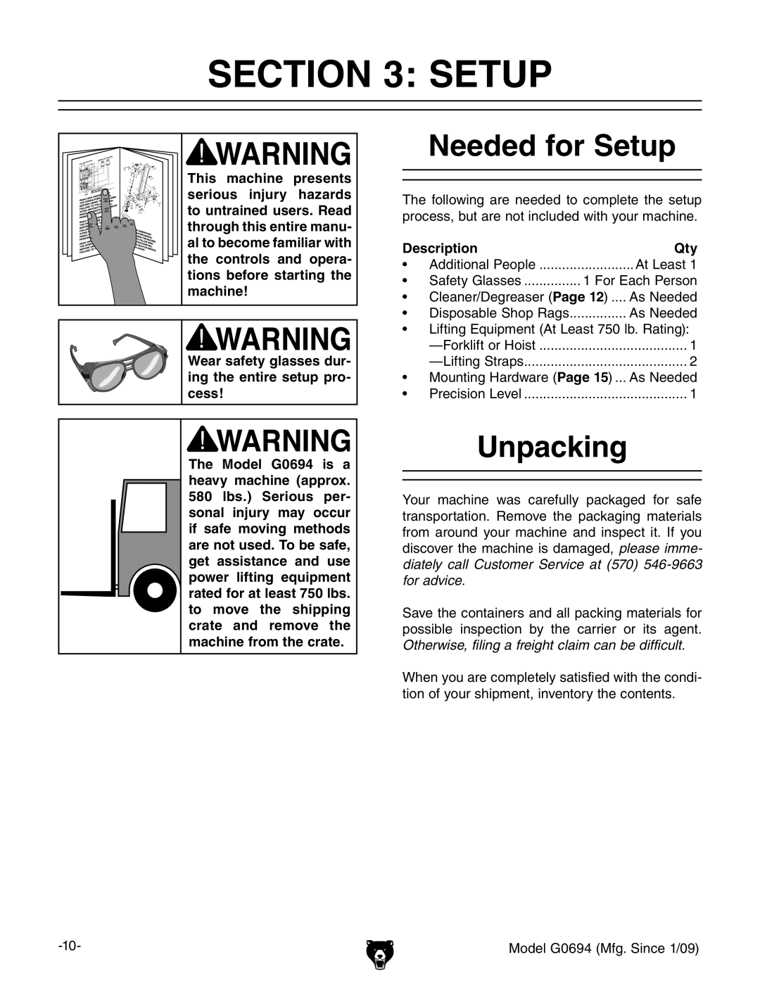 Grizzly G0694 owner manual Needed for Setup, Unpacking, Description Qty 