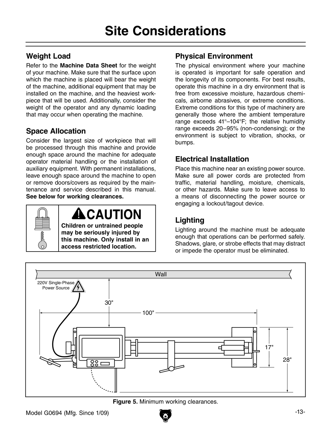 Grizzly G0694 owner manual Site Considerations 