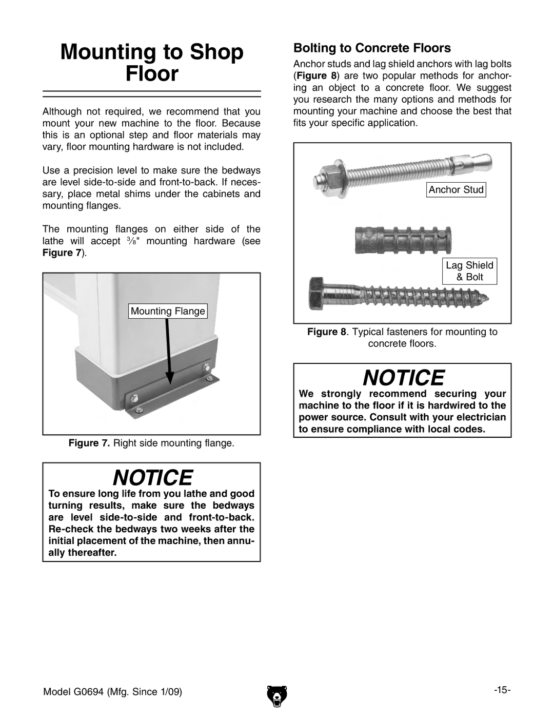 Grizzly G0694 owner manual Mounting to Shop Floor, Bolting to Concrete Floors 