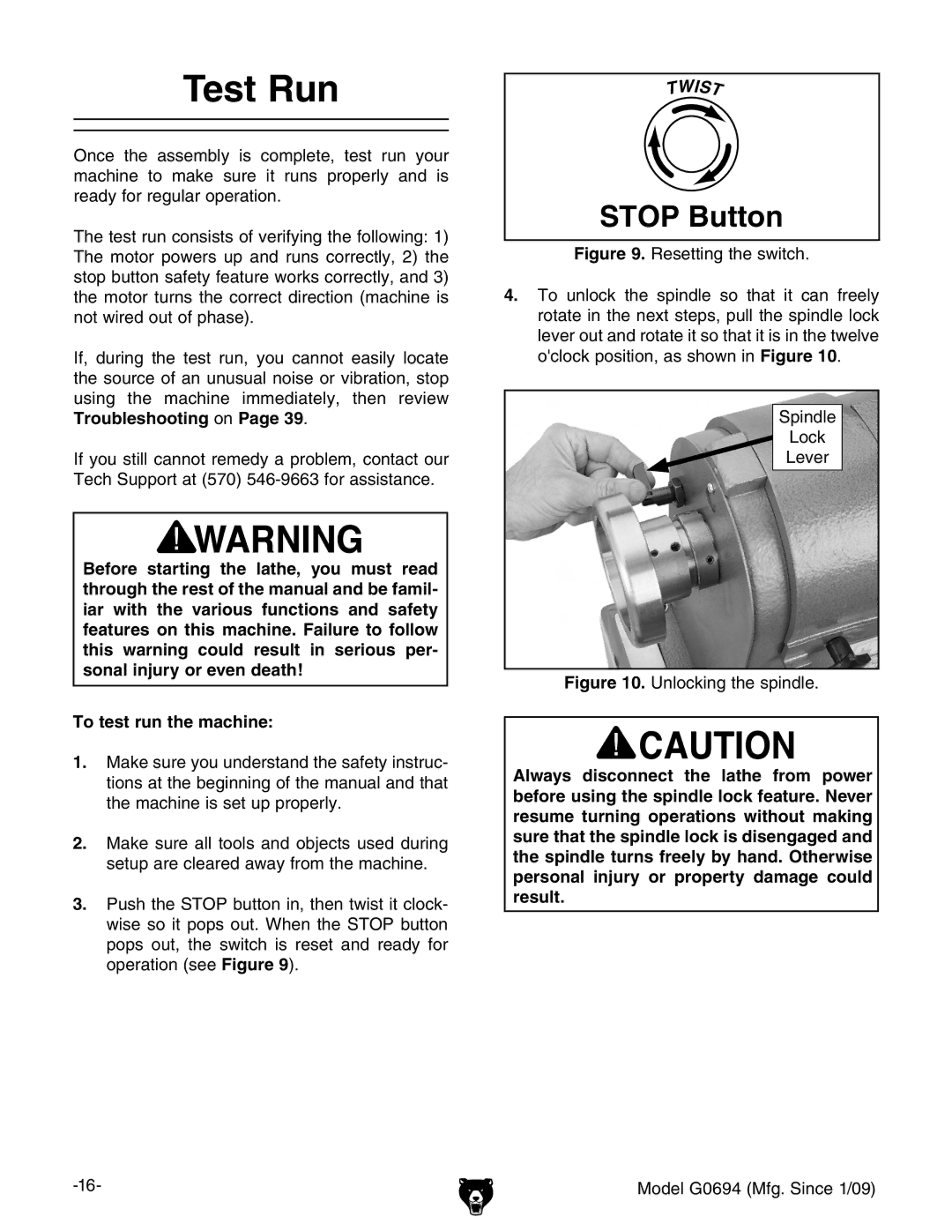 Grizzly G0694 owner manual Test Run, Stop Button 