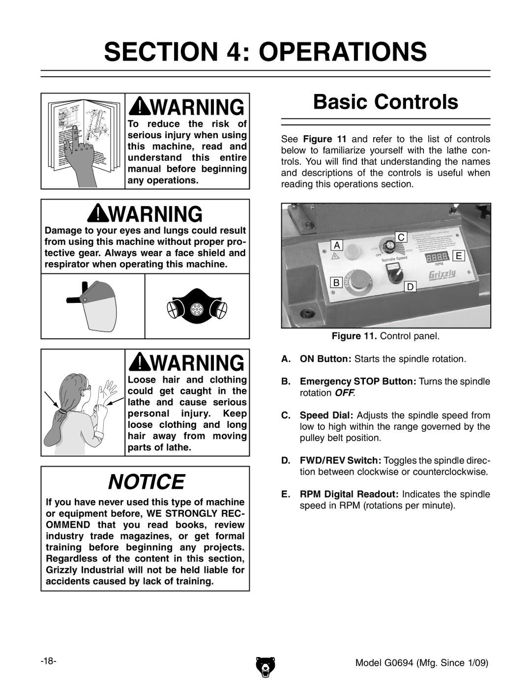 Grizzly G0694 owner manual Operations, Basic Controls 