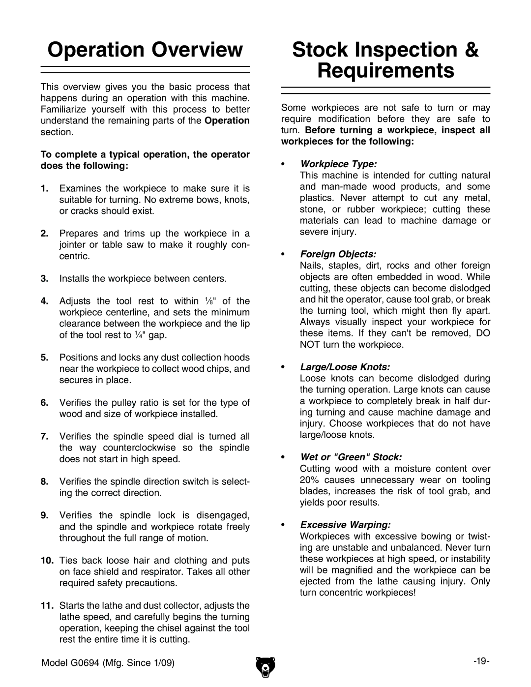 Grizzly G0694 owner manual Operation Overview, Stock Inspection Requirements 