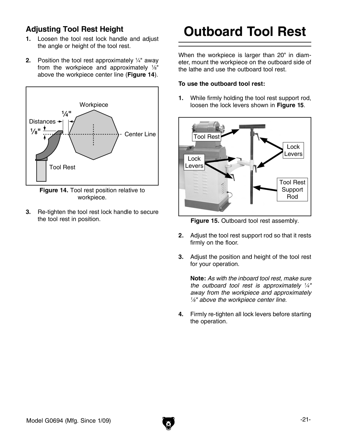 Grizzly G0694 owner manual Outboard Tool Rest, Adjusting Tool Rest Height, To use the outboard tool rest 