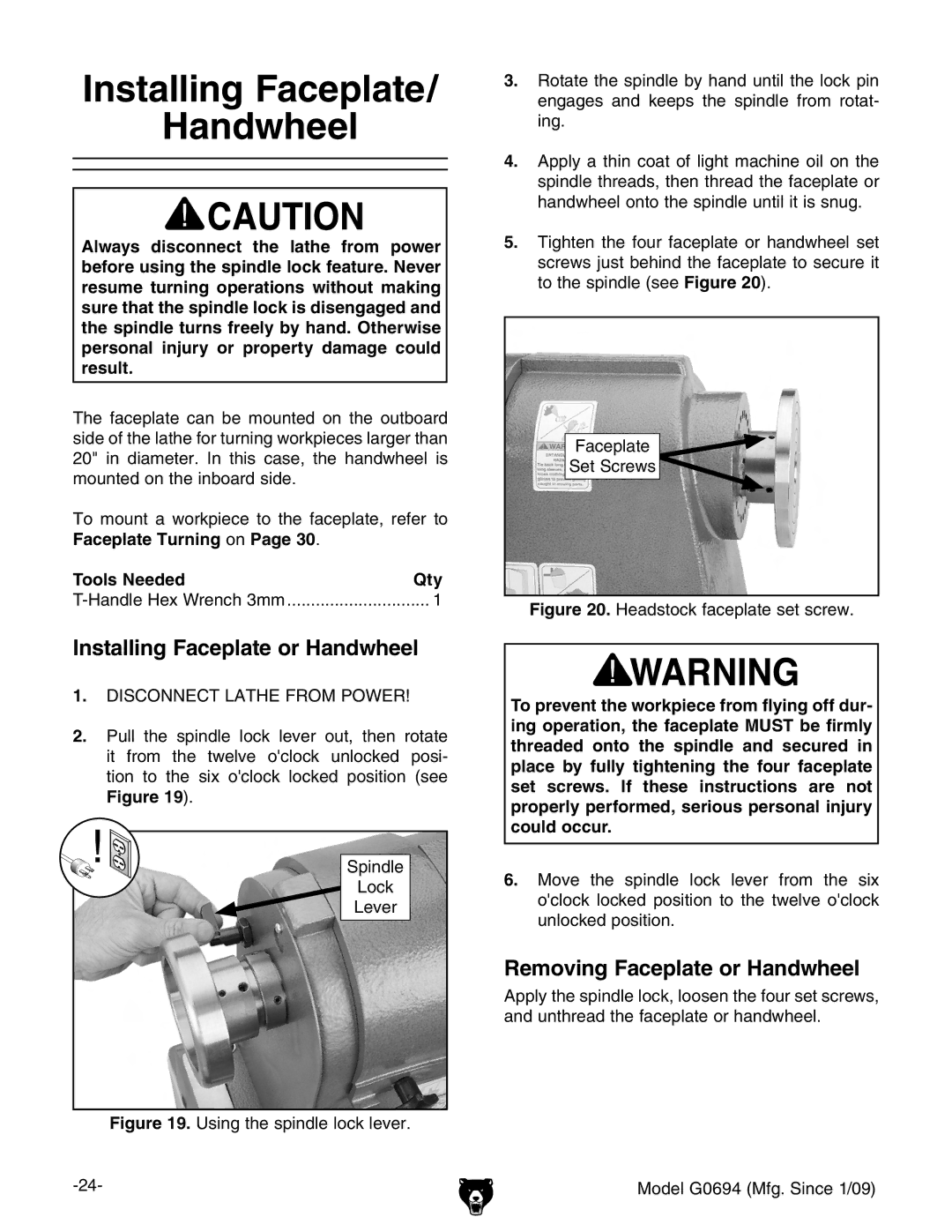 Grizzly G0694 Installing Faceplate Handwheel, Installing Faceplate or Handwheel, Removing Faceplate or Handwheel 