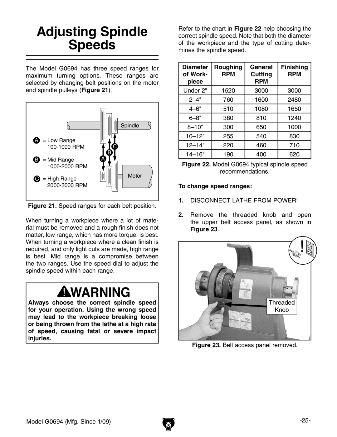 Grizzly G0694 owner manual Adjusting Spindle Speeds, Finishing, Work, Cutting, To change speed ranges 