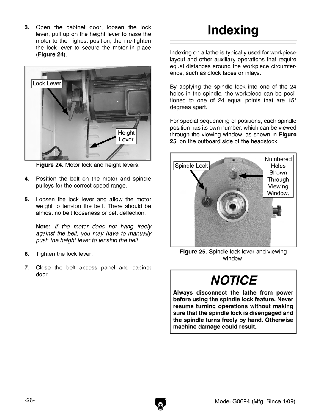 Grizzly G0694 owner manual Indexing, Window 