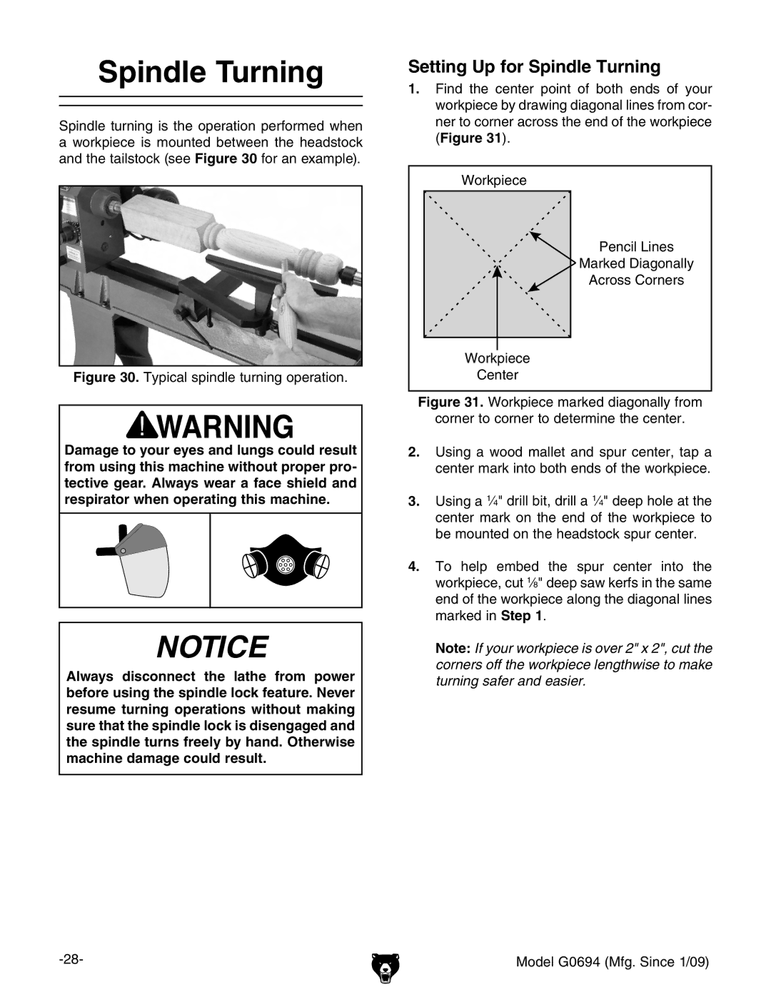 Grizzly G0694 owner manual Setting Up for Spindle Turning 