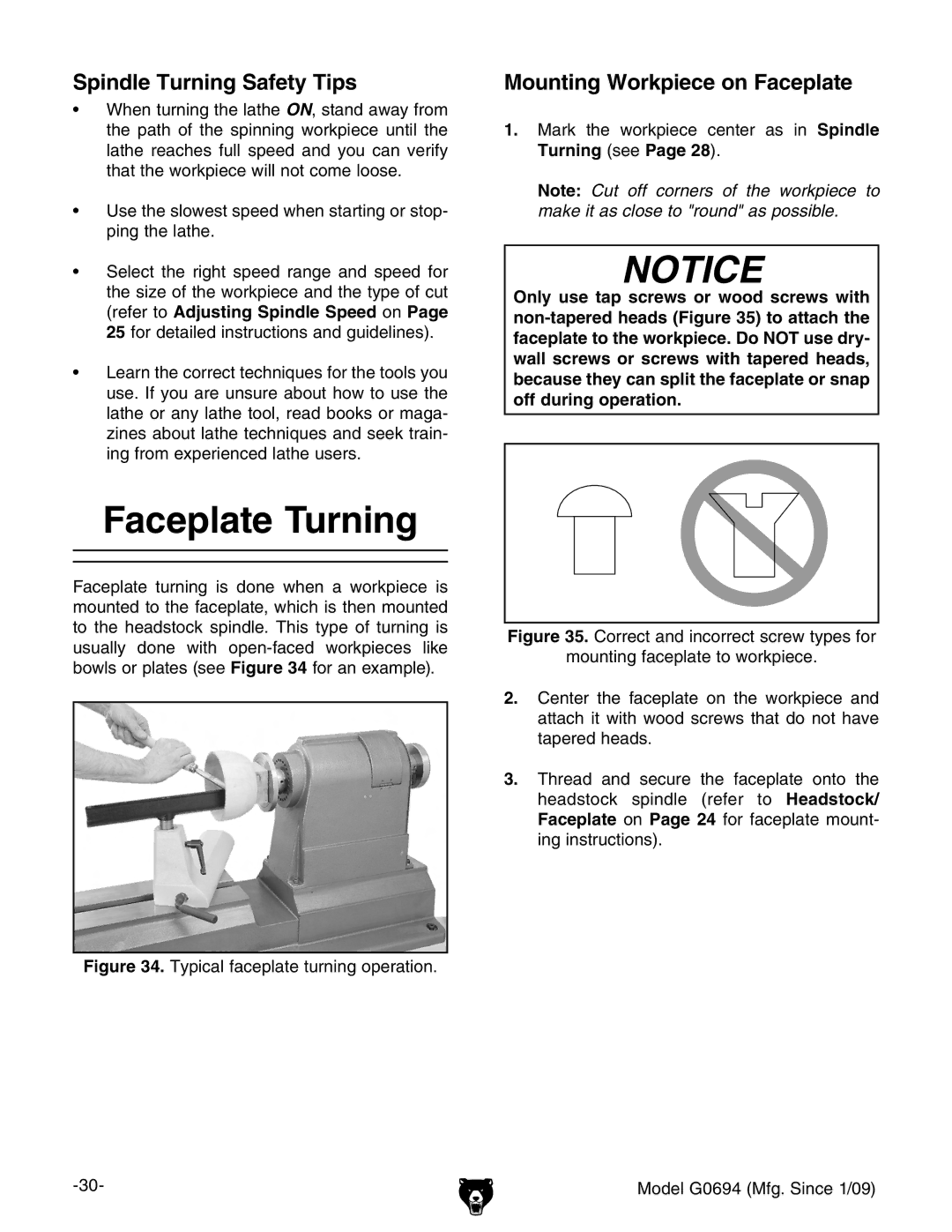 Grizzly G0694 owner manual Faceplate Turning, Spindle Turning Safety Tips, Mounting Workpiece on Faceplate 