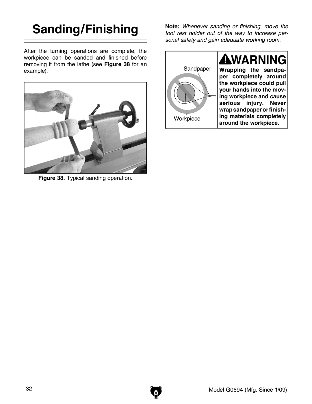 Grizzly G0694 owner manual Sanding/Finishing, Typical sanding operation Sandpaper Workpiece 