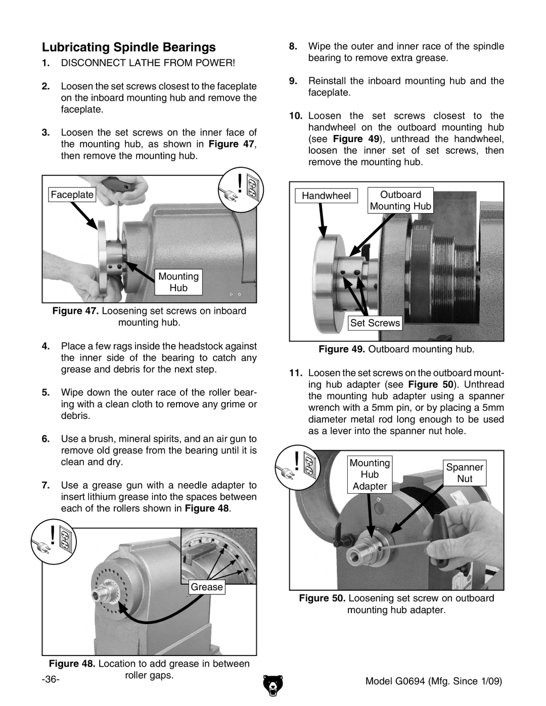 Grizzly G0694 owner manual Lubricating Spindle Bearings 